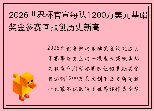2026世界杯官宣每队1200万美元基础奖金参赛回报创历史新高