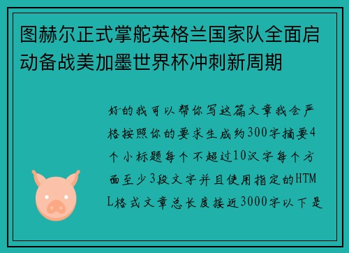 图赫尔正式掌舵英格兰国家队全面启动备战美加墨世界杯冲刺新周期